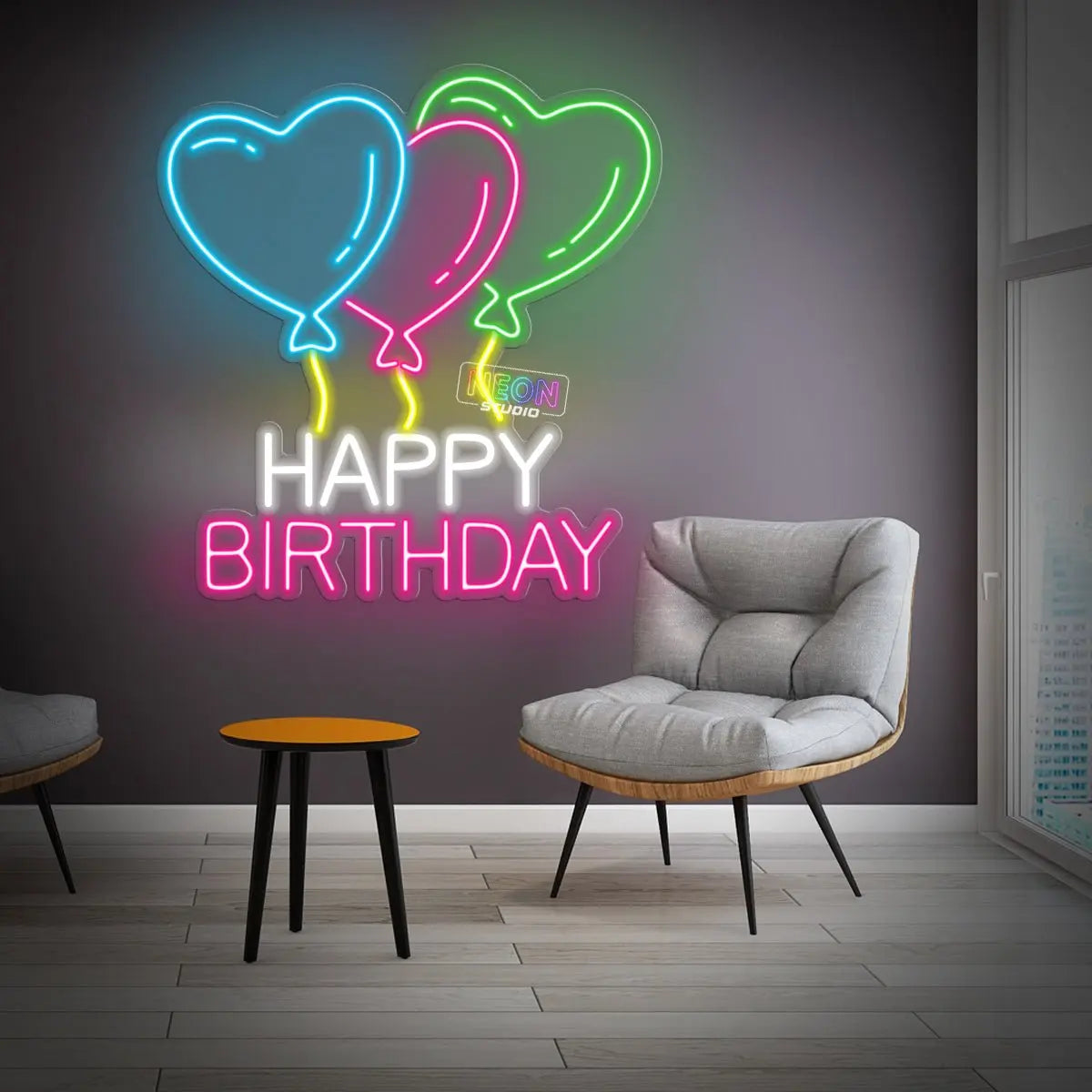 Colorful Happy Birthday text and ballon neon sign